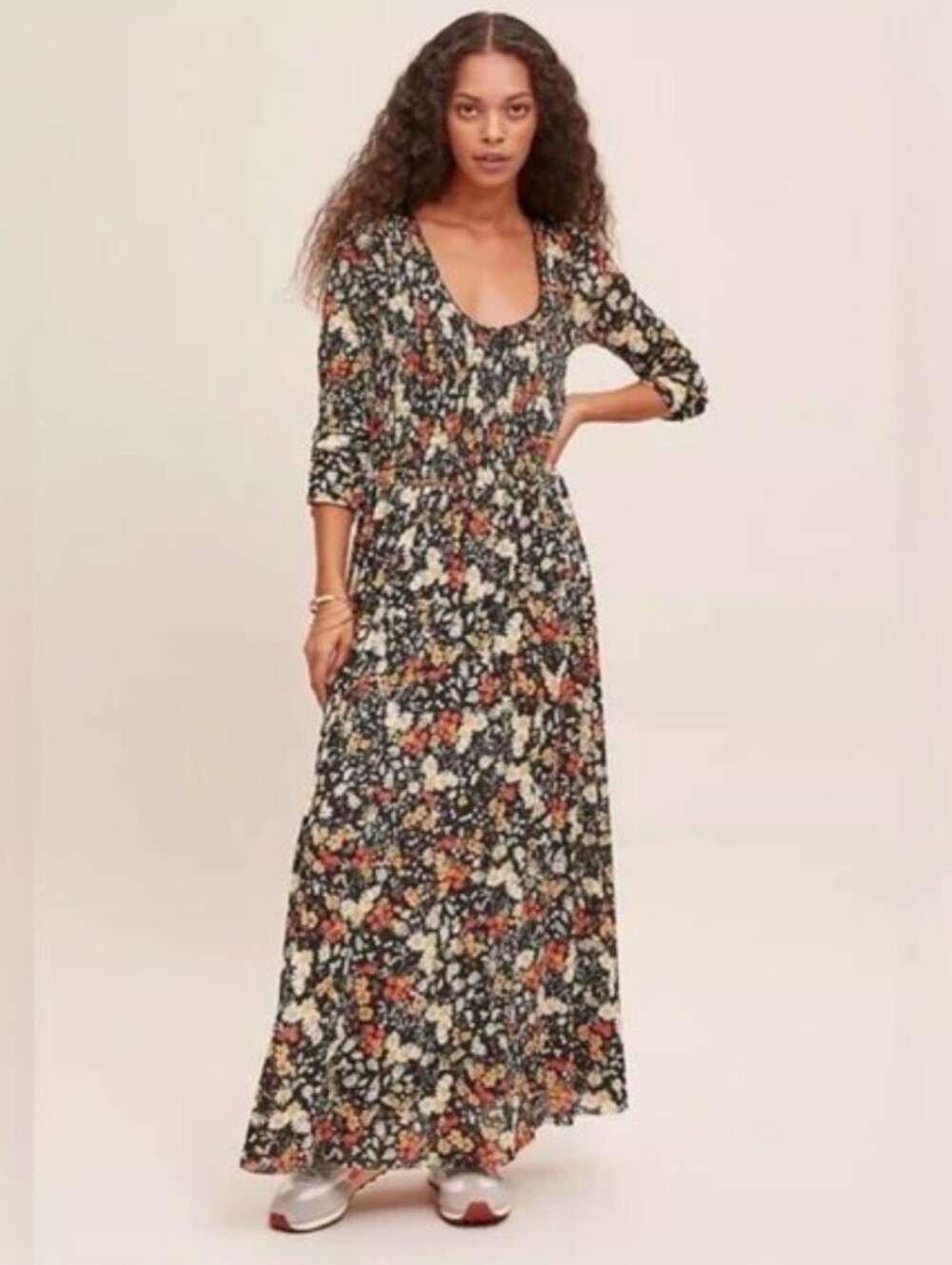 Anthropologie Maeve Omya Smocked Maxi Dress 90s Witchy Dark Floral Size Small